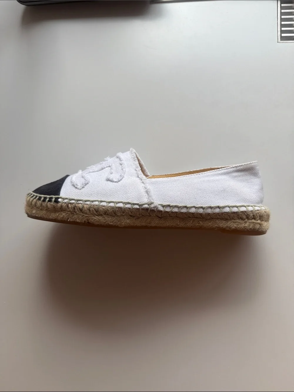 CHANEL White Canvas Espadrilles with Black Toe Cap